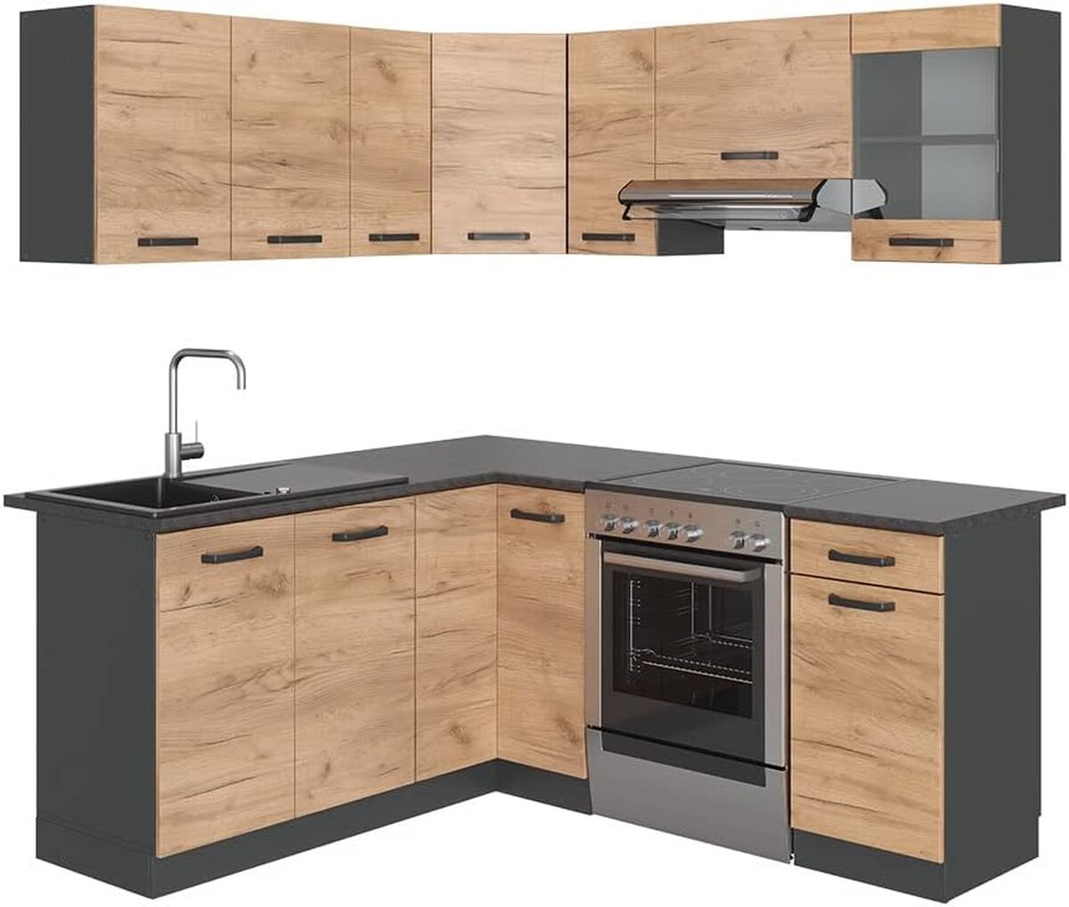 Test de la cuisine en angle Vicco Rick : élégance chêne doré/anthracite