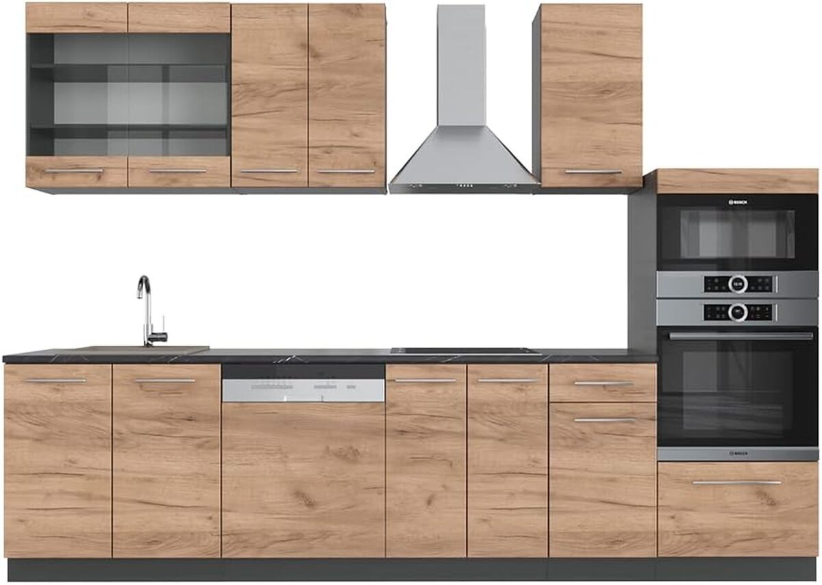 Test : cuisine Vicco Fame-Line, chêne doré/anthracite, 300 cm avec armoire haute