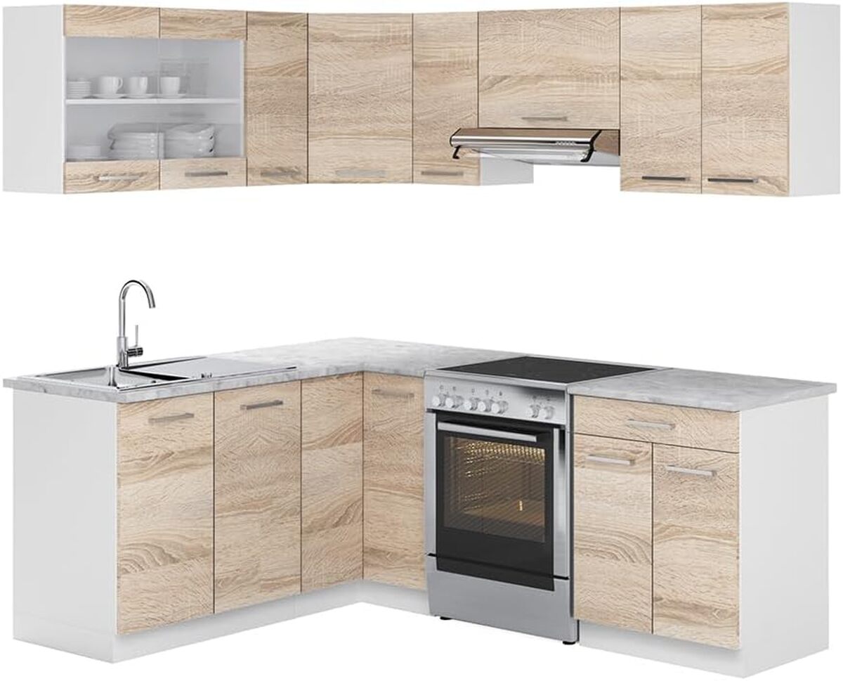 Cuisine En Angle Rick Vicco – 190 Cm, Anthracite Et Chêne, Moderne, Neuve