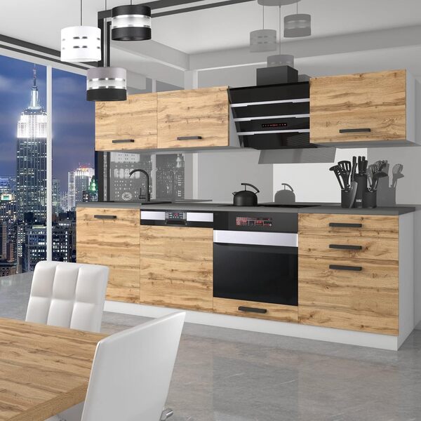 Belini Linda Cuisine Équipée Complète - 240 cm avec Plan de Travail, Chêne Wotan