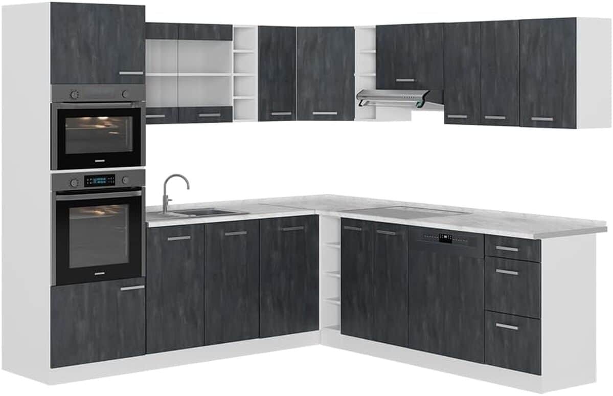 Test Vicco cuisine en angle R-Line : noir béton/blanc, 237 x 247 cm