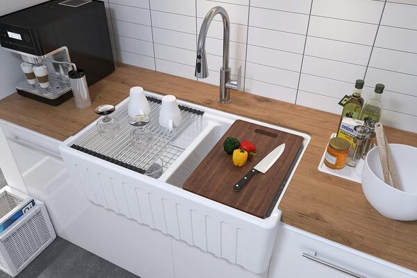 MEJE 83,8 x 50,8 cm double cuve, évier de cuisine de ferme à rebord avant en céramique, avec planche à découper, grille et passoire - blanc