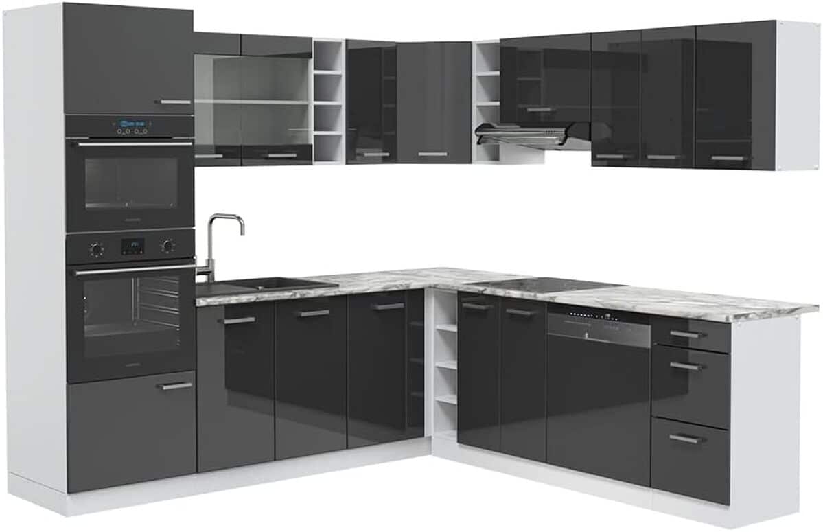 Test : cuisine en angle Vicco R-Line anthracite brillant, marbre