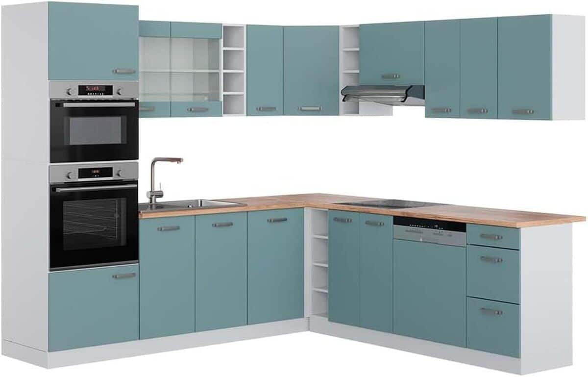 Test de la cuisine en angle Vicco R-Line bleu-gris/blanc 237x247 cm