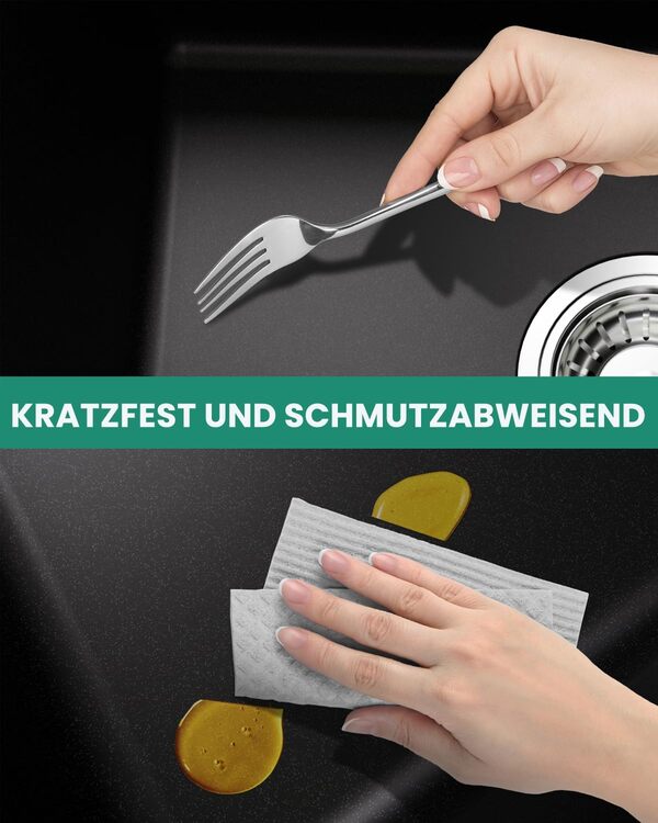 ANYCEE Noir Évier Cuisine 45x46 cm, 80% Sable Quartz Évier Cuisine avec Siphon pour Meubles Bas à Partir 45 cm Largeur