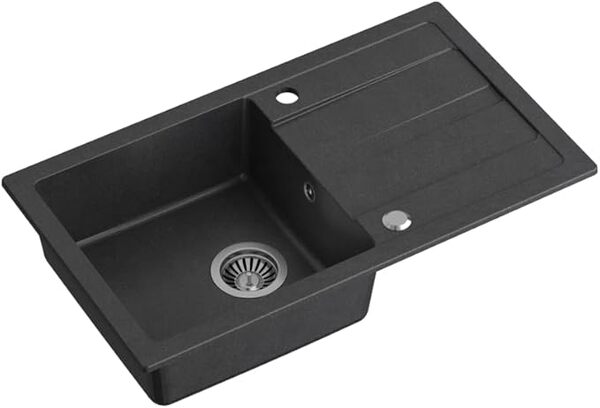 QUADRON évier cuisine granit | Taille 77 x 44 x 17,6 cm Noir | GO MAX évier granit évier simple bassin | évier encastré avec robinet de cuisine | évier monocuve évier de cuisine