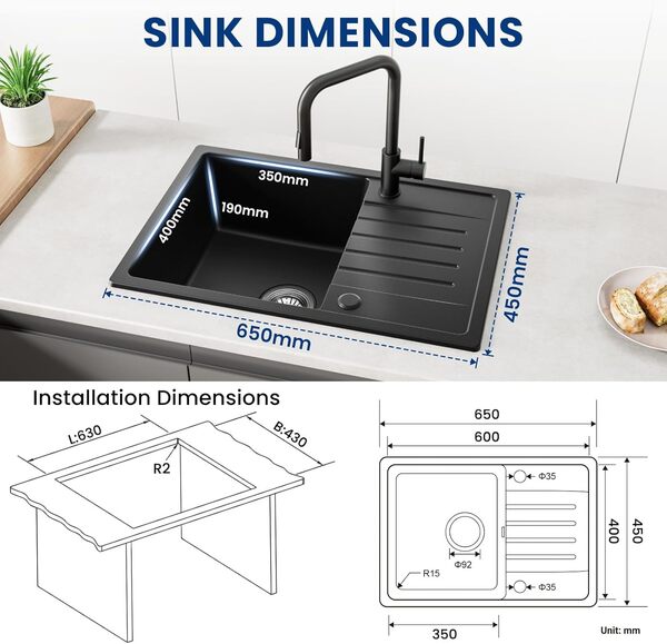 CECIPA Evier Cuisine 1 Bac avec Egouttoir 65 x 45 cm, Evier Noir en Granit, Lavabo Cuisine 1 bac, Évier Cuisine Installation Réversible, avec Siphon Classique et Trop-plein