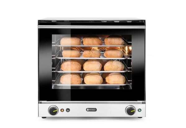 HENDI Four à Convection Professionnel H90S avec Humidification Manuelle, 2670W, incl. 4 Plaques en Aluminium, 2 Ventilateurs, 50–300°C, Porte Double Vitrage, 230V, 595x595x(H)570mm, Inox