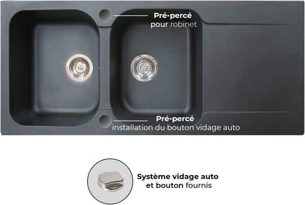 Essebagno Lisse évier réversible 2 cuves 1 égouttoir en résine noir