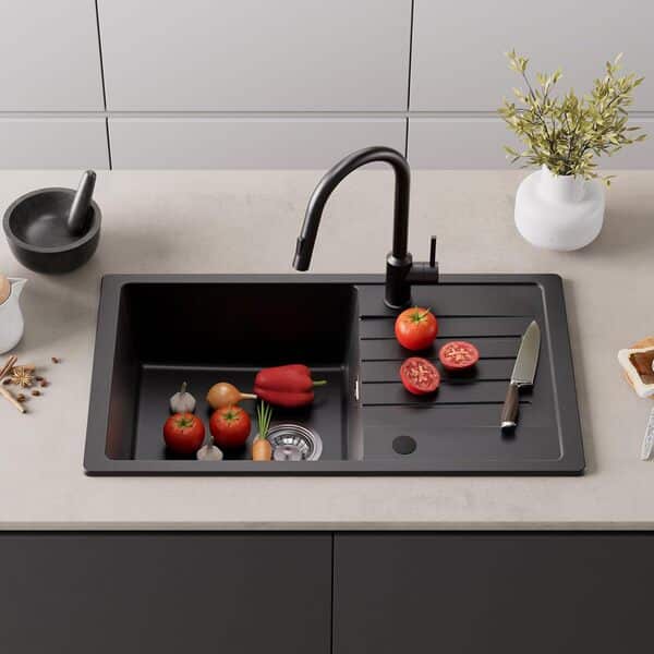 CECIPA Évier de cuisine, noir, 78 x 45 cm, réversible, en granit, avec égouttoir, siphon et sur, 80 % de sable de quartz, pour meuble bas de 60 cm