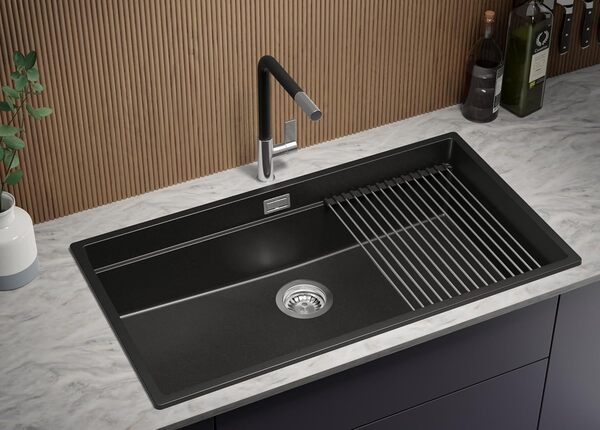 PRIMAGRAN Evier Cuisine en Granit Noir 86x47cm, Lavabo 1 bac + Kit de Vidage + Égouttoir Enroulable, Évier à Encastrer al mueble 90cm - Prague Slim S316