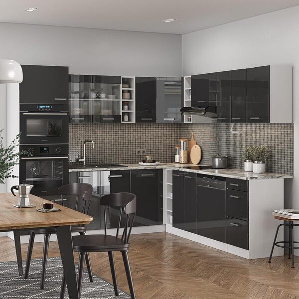 Vicco Cuisine en Angle R-Line, Anthracite Brillant/Blanc, 237 x 247 cm, PT Anthracite