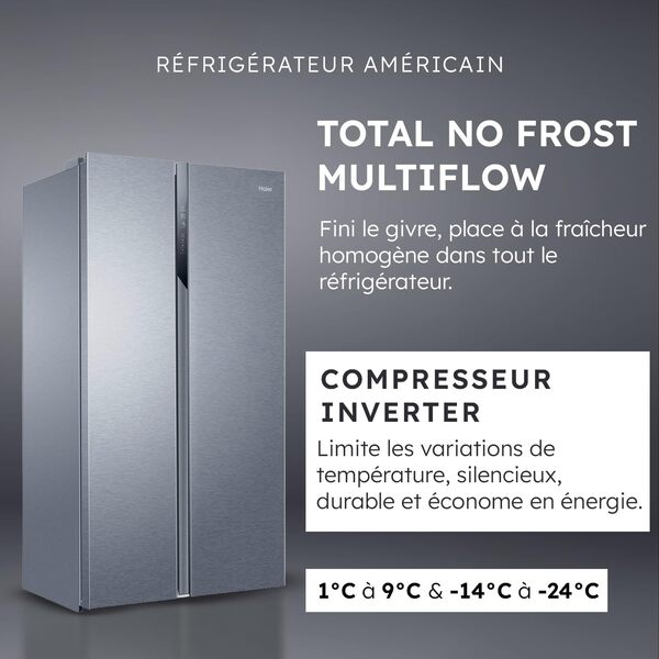 Haier - Réfrigérateur Américain - 2 Portes - Classe Énergétique E - Technologie Total No Frost Multi Air Flow - Inox - 337L + 191L (Congélateur) - 177,5 x 90,8 x 64,7 cm - Modèle HSR3918ENPG [Classe énergétique E]