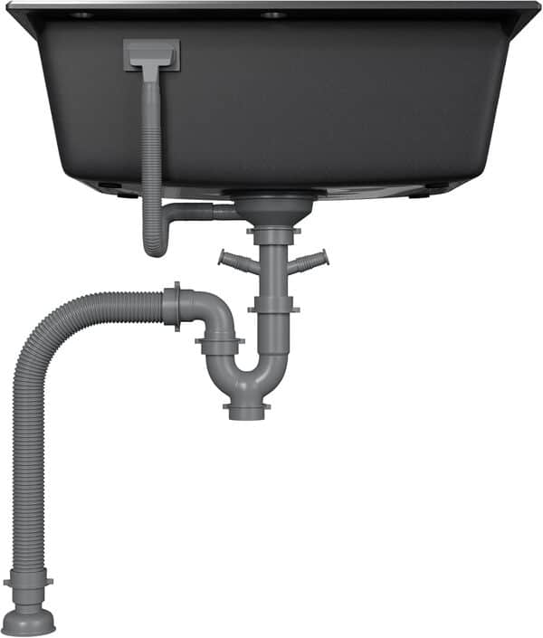 HOROW Évier en granit noir, 1 bac encastrable de 57 x 45 cm, lavabo de cuisine avec installation réversible, moucheté, évier avec siphon et dispositif de trop-plein
