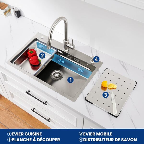 CECIPA Evier Cuisine 1 Bac 70x45 CM, Evier Inox avec Egouttoir et évier mobile et planche à découper,lavabo cuisine avecavec Trous pour Robinets et Distributeur de Savon, pour Meubles Bas de 80 cm