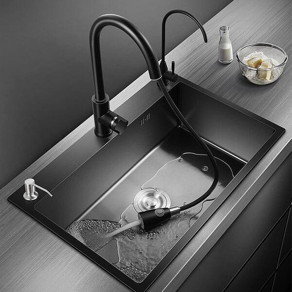 Évier Cuisine Noir en Acier Inoxydable Évier Simple avec Robinet Extensible Grand Cuve 1 Bac Distributeur de Savon Panier égoutteur (60 * 45CM)