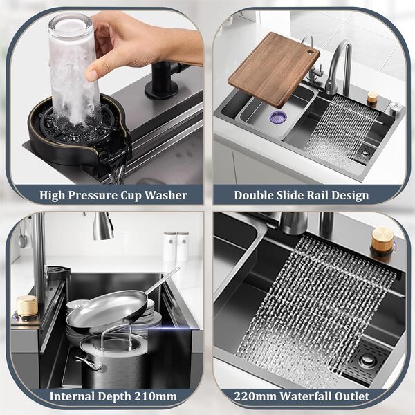 50 Cm De Large Evier De Cuisine Cascade Ensemble, Evier Multifonction Inoxydable Avec Robinet, Évier Affichage Numérique, Evier De Cuisine Nano Raindance Noir 1 Bac(Black-Grey B,75x50cm)