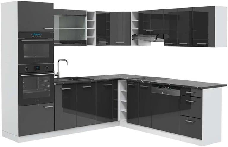 Vicco Cuisine en angle R-Line, blanc/anthracite, 277x60cm J-Shape, PT Chêne | Leroy Merlin