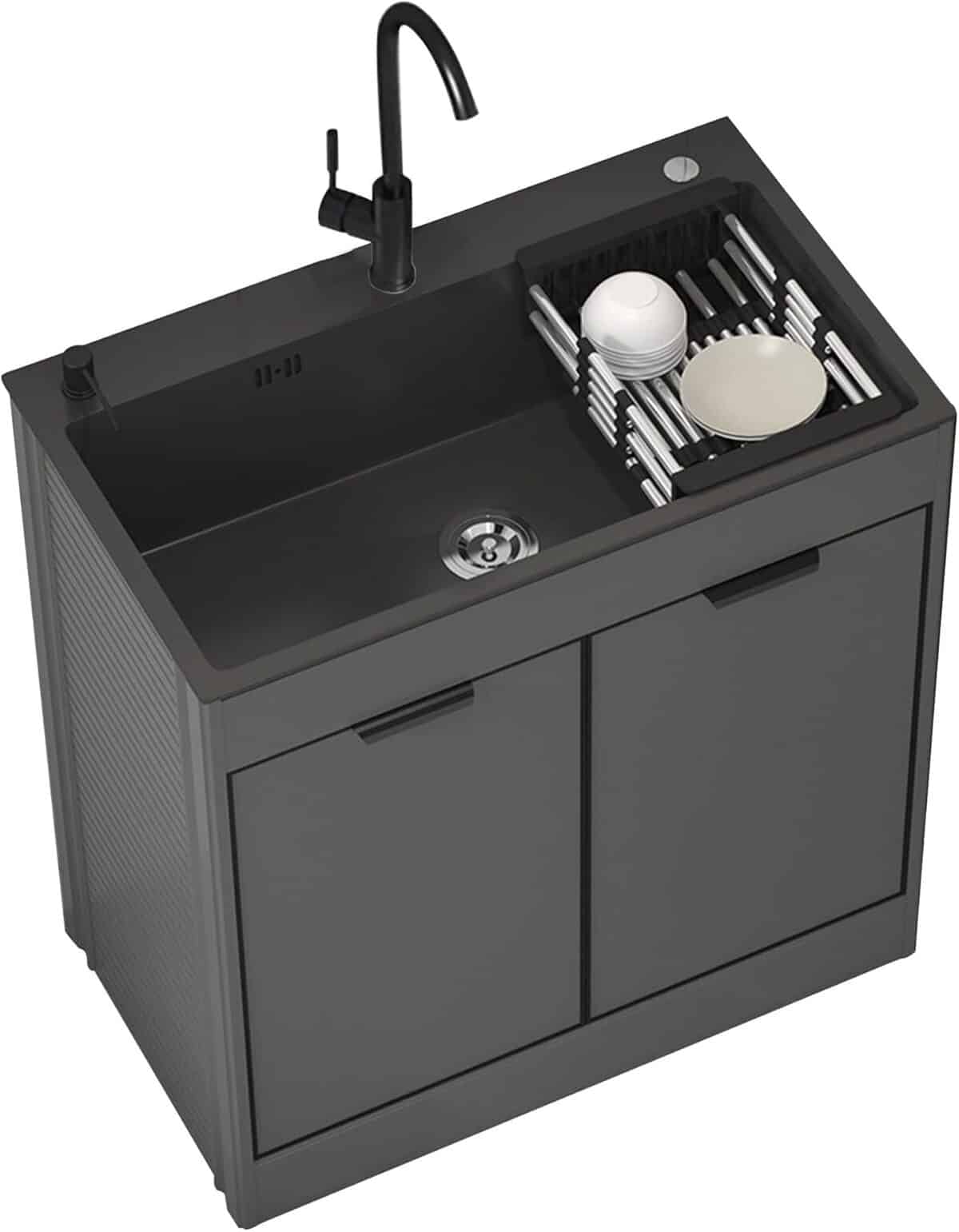 Test : évier extérieur noir en acier inoxydable avec meuble de cuisine intégré