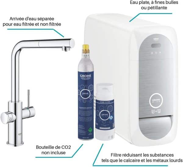 GROHE Robinet de cuisine évier Blue Home, système de filtration, gazéification et refroidissement, mousseur extractible, bec en forme de L, chromé, 31927001 (Import Allemagne)