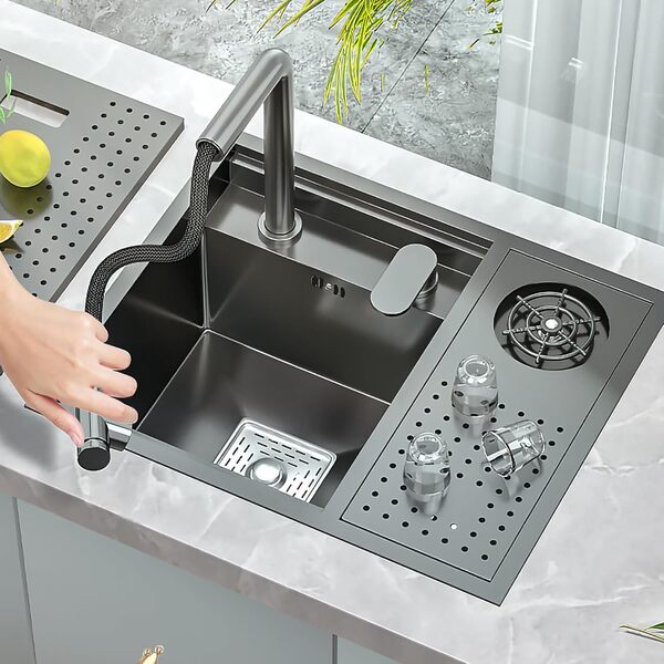 Évier de cuisine noir mat, 55 x 45 cm, invisible, encastrable, en acier inoxydable, avec robinet de levage extensible et fonction de lavage des tasses
