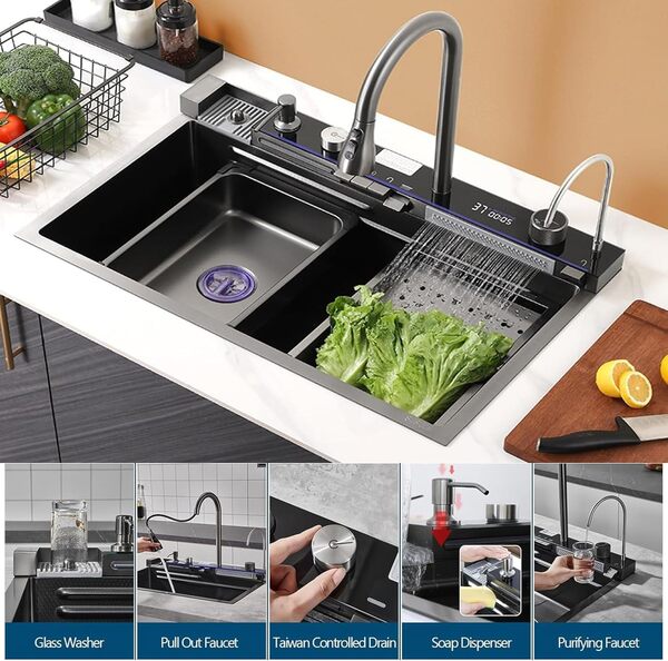 Évier de cuisine multifonctionnel, affichage numérique, drainage contrôlé sur plan, robinet extractible intégré, planche à découper & Accessoires complets (Noir, 85x46x21CM)