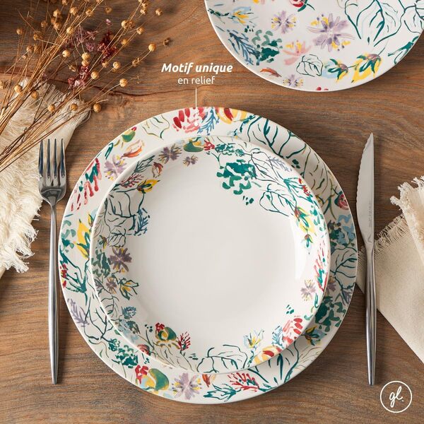 Geneviève Lethu 545866 Service de Table en grès 18 pièces pour 6 personnes - Assiettes plates, assiettes creuses, assiettes à dessert de la Collection A Travers Champs - Décor Floral Multicolore