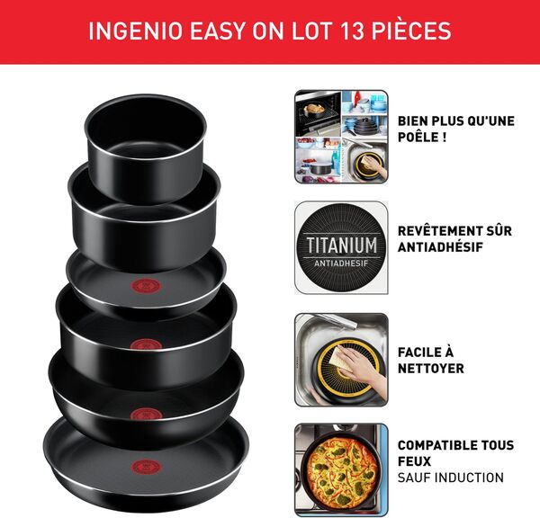 Tefal Ingenio Batterie de cuisine 13 pièces, Poêles, Casseroles, Wok, Poignées amovibles, Pas d'induction, Revêtement antiadhésif, Empilable, Fabriqué in France, Easy On L1599243