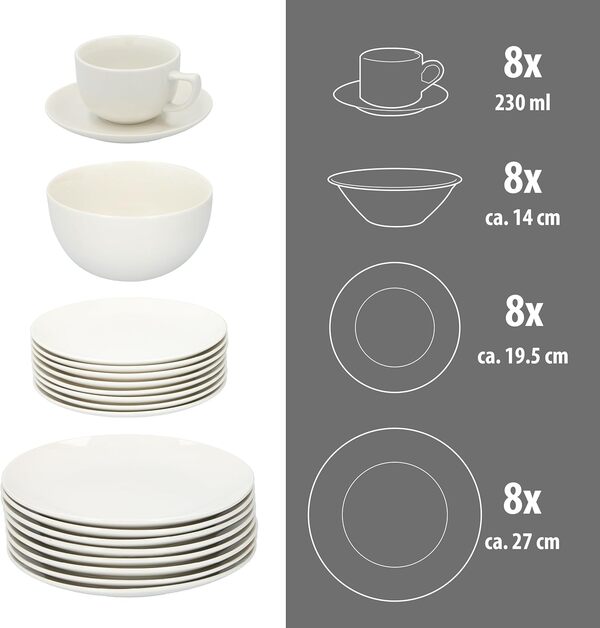 alpina Assiettes Service de Table 8 Personnes - Vaisselle et Arts de la Table 40 Pièces - Compatible Lave-Vaisselle - Blanc