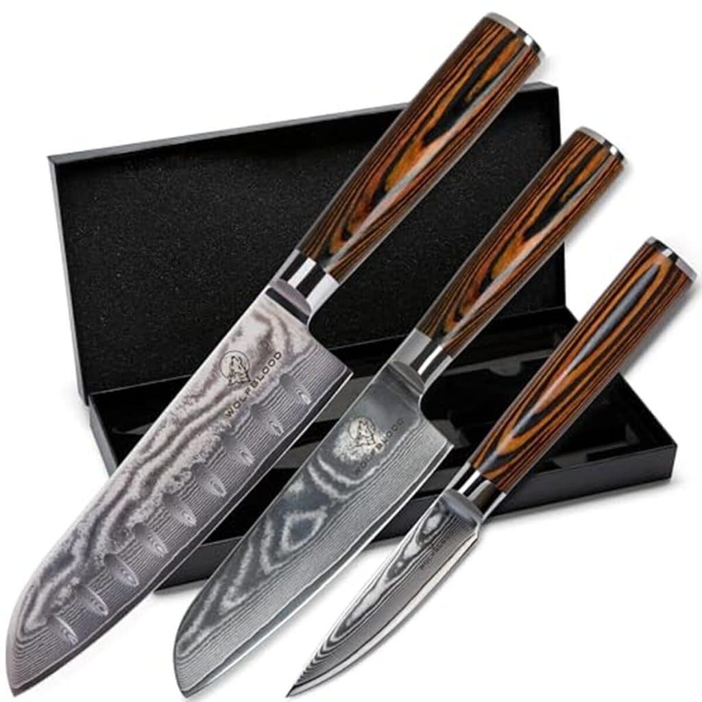 Test : couteaux de cuisine Wolfblood Santoku en acier damassé